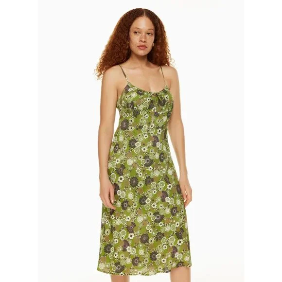 Aritzia WILFRED Bellow Green Floral Crepe Gathered Bust Midi Slip Dress, Size 2 - Picture 12 of 15
